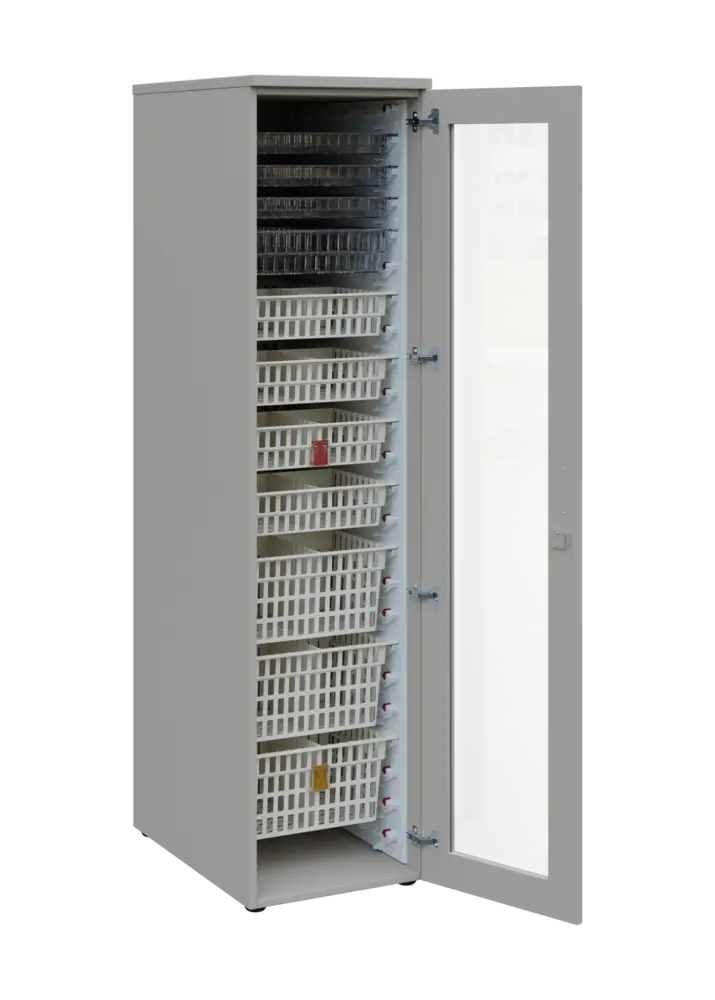 EUROMEDICA S - 46 skříň léková boxová, 1-dveřová/prosklená, pravá, 1950x460x735, korpus šedý, dvířka šedá